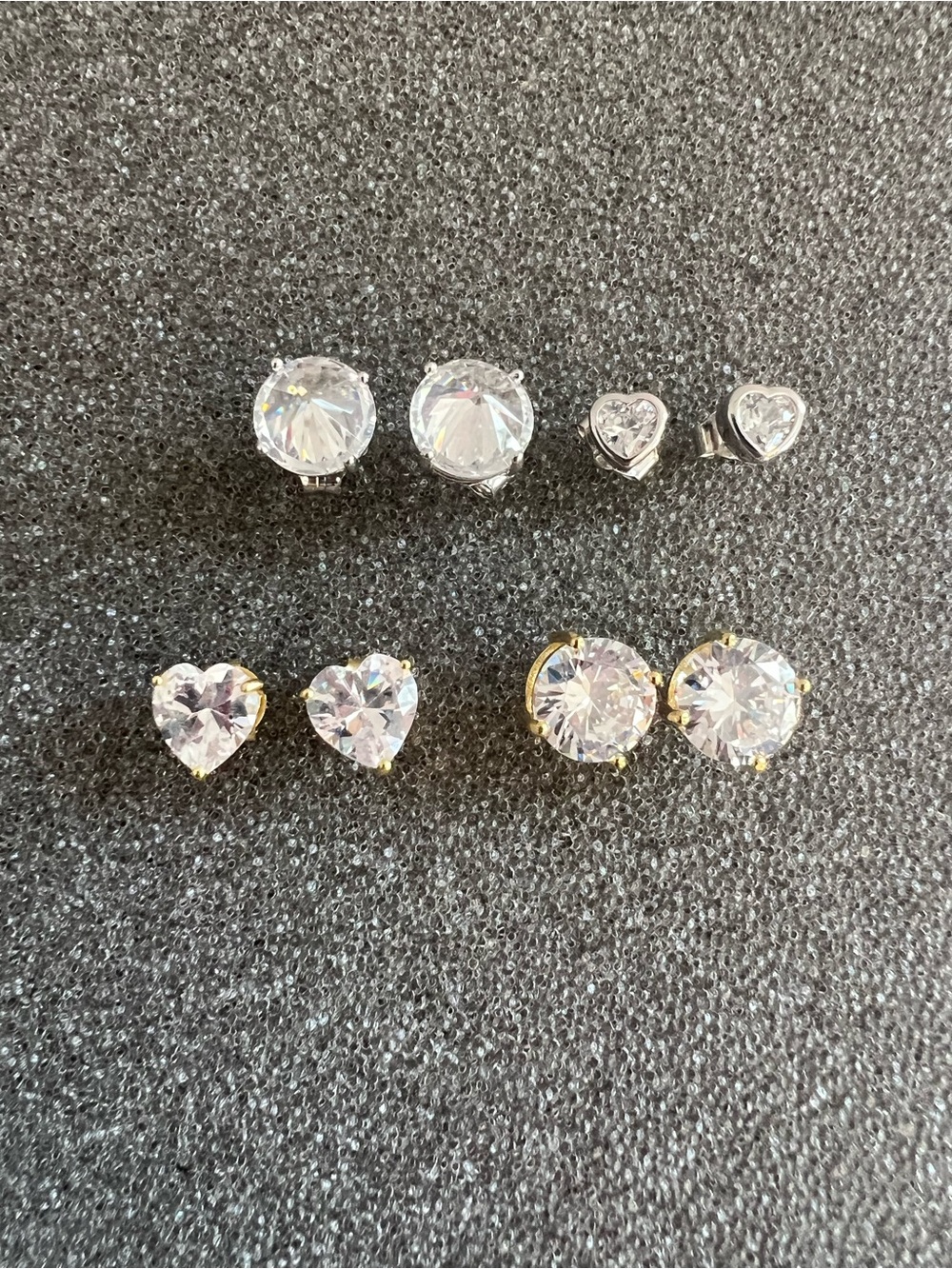 Lot of 4 Pair Cubic Zirconia Stud Earrings Round and Heart Shapes